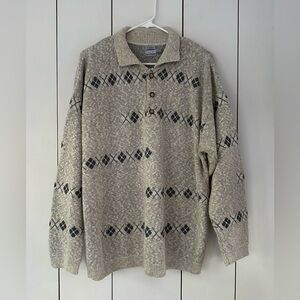 VTG 90s Tony Lambert Argyle Polo Neck Sweater Sz L Cotton Cream Grey Preppy